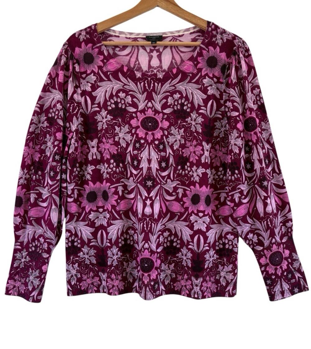 Talbots Womens XL Petite Lightweight Merino Wool Floral Sweater Pink Burgundy